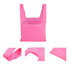 A pink reusable foldaway shopping bag with a square design and handles, featuring a logo. A pink reusable foldaway shopping bag with a square design and handles, featuring a logo.