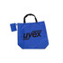 A foldaway blue shopping bag with black handles and a small matching clip pouch, featuring a logo. A foldaway blue shopping bag with black handles and a small matching clip pouch, featuring a logo.