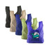 A collection of foldaway shopping tote bags in black, beige, green, and purple, featuring a logo on the purple bag. A collection of foldaway shopping tote bags in black, beige, green, and purple, featuring a logo on the purple bag.