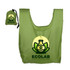 A green foldaway shopping tote bag with a logo, accompanied by a small pouch for storage.