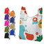 A foldaway shopping tote bag with a colourful abstract design, alongside various solid-coloured drawstring pouches.