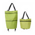 A light green collapsible shopping trolley bag with black straps, featuring two compartments and a simple design. A light green collapsible shopping trolley bag with black straps, featuring two compartments and a simple design.