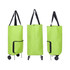 A bright green collapsible shopping trolley bag with black straps and a side pocket, featuring wheels for easy transportation. A bright green collapsible shopping trolley bag with black straps and a side pocket, featuring wheels for easy transportation.