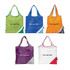 Five foldaway shopping bags in green, blue, orange, purple, and white, each featuring a logo. Five foldaway shopping bags in green, blue, orange, purple, and white, each featuring a logo.