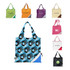 A foldaway shopping bag in blue with a bold pattern, alongside bags in green, orange, purple, cream, and red. Each has a logo. A foldaway shopping bag in blue with a bold pattern, alongside bags in green, orange, purple, cream, and red. Each has a logo.