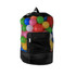 A foldable mesh drawstring backpack featuring a black bottom and a mesh top filled with colourful balls.