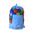A foldable mesh drawstring backpack in light blue, filled with colourful plastic balls, featuring a zip pocket.