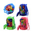 Foldable mesh drawstring backpacks in blue, green, pink, and a light colour, filled with colourful balls. Each has a logo.