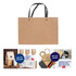 A small, brown paper bag with a knitted black handle, featuring a logo and displayed with various product options. A small, brown paper bag with a knitted black handle, featuring a logo and displayed with various product options.