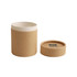 A medium brown paper cylinder box with a removable lid, featuring a light interior and a logo on the base. A medium brown paper cylinder box with a removable lid, featuring a light interior and a logo on the base.