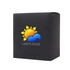 A medium square black gift box with a colourful logo featuring a sun and wave design. A medium square black gift box with a colourful logo featuring a sun and wave design.