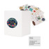 A large white square gift box with a circular sticker design and assorted decorative stickers beside it.