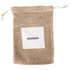 A jute net produce bag in brown, featuring a white patch with a logo. The bag has a drawstring closure. A jute net produce bag in brown, featuring a white patch with a logo. The bag has a drawstring closure.
