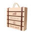 A wooden wine box in light beige with brown leather straps, designed to hold four bottles of wine. A wooden wine box in light beige with brown leather straps, designed to hold four bottles of wine.