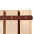 A wooden wine box with a natural finish and a brown leather strap, featuring brass studs. A wooden wine box with a natural finish and a brown leather strap, featuring brass studs.