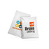 A small white biodegradable mailer bag featuring a logo and colourful icons on one side.