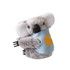 A grey koala plush toy with large ears and a blue scarf, featuring a logo, designed for clipping onto items.