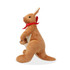 A brown kangaroo plush toy with a red scarf, featuring a smaller kangaroo peeking out from its pouch.