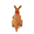 A plush kangaroo toy in brown, featuring red accents, with a smooth texture and a branding tag.