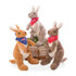 A collection of three plush kangaroo toys in brown and grey, each wearing a bandana, sitting together in a basket.