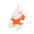A fluffy white unicorn plush toy wearing an orange hoodie, featuring a simple logo on the front.