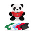 A plush panda toy wearing a red shirt, with additional shirts in green, white, blue, red, and black displayed below.