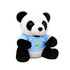 A plush panda toy with black and white fur, wearing a light blue shirt and featuring a small logo.