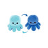 A plush toy featuring a reversible octopus design in light blue and dark blue, displaying different facial expressions.