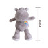 A grey hippopotamus plush toy, measuring 25 cm, with a colourful logo on its chest.