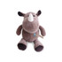 A brown rhinoceros plush toy with soft fabric, a white horn, and a small branding logo on its belly.