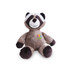 A brown and cream raccoon plush toy with a smiling face and logo on its chest. It's soft and huggable in design.