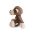 A brown monkey plush toy with light tan accents, featuring a logo on its side. A brown monkey plush toy with light tan accents, featuring a logo on its side.
