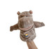 A plush hippo hand puppet in brown, featuring a smiling face and soft fabric, held by a hand.