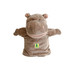 A brown hippopotamus hand puppet with a soft texture, featuring small ears and a green logo on the front.