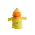A yellow duck hand puppet with an orange beak and a white tuft on its head, featuring a logo on its front.