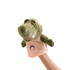 A green crocodile hand puppet with a beige body and embroidered logo, held up by a hand.