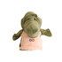 A green crocodile hand puppet with a soft texture and a light peach-coloured shirt, featuring a logo on it.