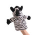 A zebra hand puppet featuring black and white stripes, with soft plush material and a playful design.