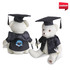 A plush white bear wearing a black graduation cap and gown, holding a pen and featuring a logo.