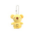 A yellow koala plush keyring with a drink design on its belly, attached to a metal chain.