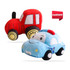 Two plush toys: a red tractor and a blue police car, both with cartoon-like features and soft textures.