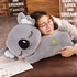 A soft grey koala plush toy with large eyes, featuring a branding logo, and a person hugging it.