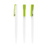 A creamy white plastic pen featuring a green clip, shown from multiple angles. Includes a logo.