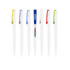 A set of plastic pens with creamy white barrels and colourful clips in yellow, purple, blue, and green, featuring a logo.