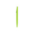 A bright green plastic pen with a clip, featuring a smooth, sleek design and a logo.