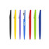 A selection of plastic pens in black, yellow, purple, blue, red, and green, each featuring a clip and branding.