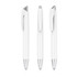 Three white plastic pens with silver accents and clips, featuring a simple, sleek design and a logo.