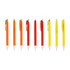 Nine plastic pens in various vibrant colours: orange, yellow, red, and a colour combination, all with silver accents and clips.