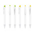 A set of six white pens with coloured caps in green and yellow, featuring a silver tip and a branding logo. A set of six white pens with coloured caps in green and yellow, featuring a silver tip and a branding logo.