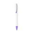 A plastic pen with a creamy white barrel and a purple tip, featuring a clip and a logo.